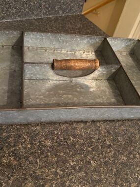 Galvanized Metal Tray with Wood Handle - Gray